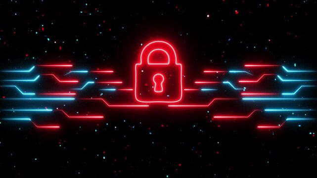 Glowing digital lock icon with neon circuits symbolizing cybersecurity and protection. plexus network, secure technology 4k video footage. - Powered by Adobe