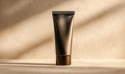 Black cosmetic tube on beige surface with sunlight, beauty and skincare product