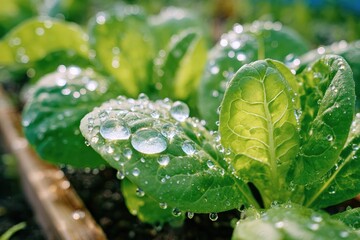 Fresh Green Lettuce Leaves with Water Droplets in a Vibrant Garden Setting, Showcasing Nature's Pure Beauty and Richness of Healthy Vegetables