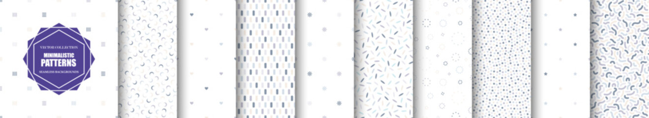 Collection of simple seamless fashion modern vector patterns. Colorful minimalistic delicate backgrounds. Trendy cute endless prints with shapes and symbols