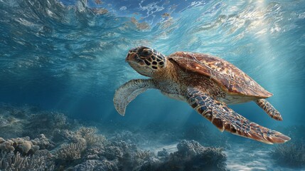 Obraz premium Majestic sea turtle glides gracefully through vibrant coral reef under the clear blue ocean waters.