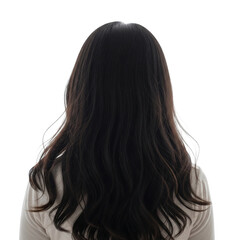 Fototapeta premium Young woman with long, dark, wavy hair seen from behind, suggesting contemplation, style, or personal journey.