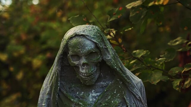 Death with the covered face skull, grim reaper, human skeleton covered in cloth. Unsettling eerie atmosphere in the shadowy woods. Disturbing mystical mood.