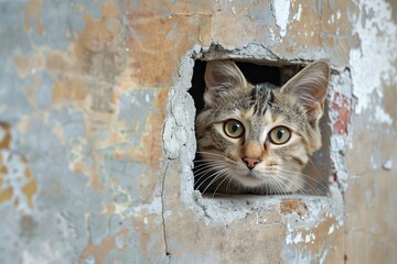 A house cat looks through a hole in the wall,