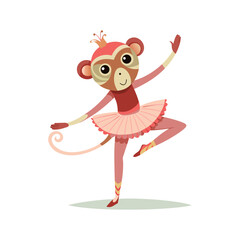 Charming Cartoon Monkey Practicing Ballet Dance in Pink Tutu with Elegant Pose – Cute Animal Illustration for Fun and Creative Designs