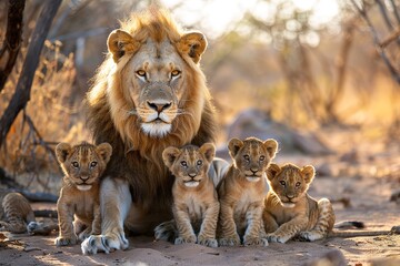 A adult lion with small lions