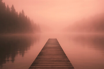 Fototapeta premium Wooden pier extending into a foggy lake at sunrise with pink sky and pine trees