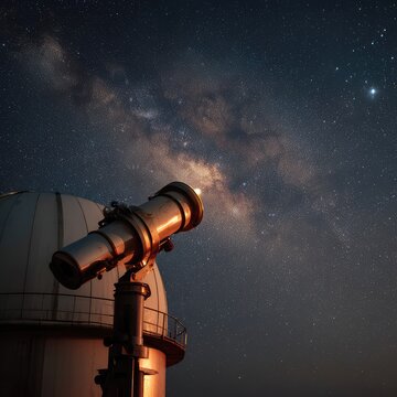 An observatory telescope pointing toward the galaxy in a dark sky.
