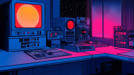 Vibrant retro futuristic workspace featuring vintage computers and glowing screens, creating nostalgic yet futuristic atmosphere