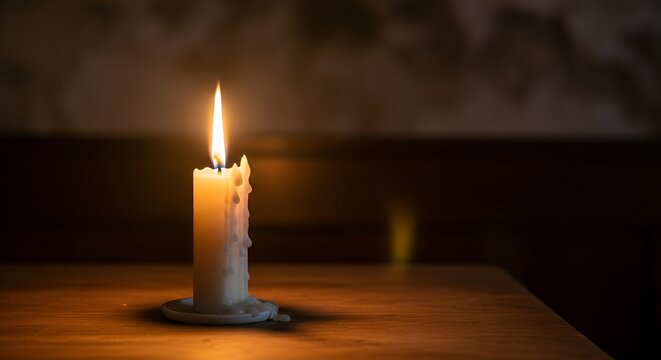 A lit candle with melting wax sits on a wooden surface, casting a warm glow in the dim light.