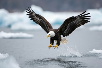 Fototapeta premium Japanese white-tailed eagle hunting over icy waters