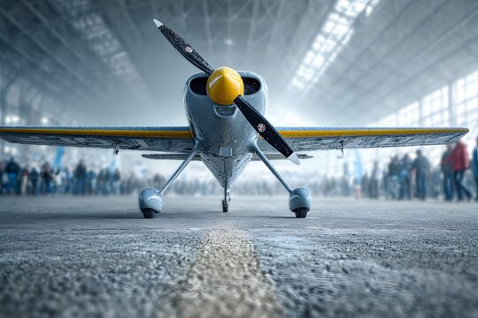 Front view of a wet blue-grey single-engine airplane with a yellow spinner and wing stripes.