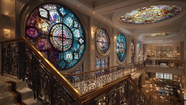 Grand staircase with stained glass.  Ornate architecture, opulent interior