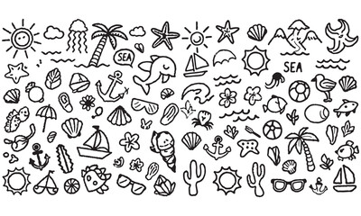 Black & White Sea Summer Doodle Clipart Bundle Beach Line Art 