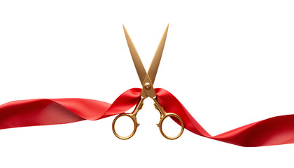 Gold Scissors Cutting Red Ribbon – Grand Opening Ceremony Decoration isolated on transparent background