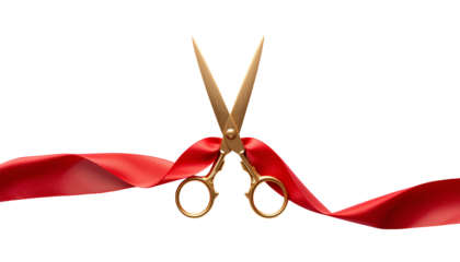 Gold Scissors Cutting Red Ribbon – Grand Opening Ceremony Decoration isolated on transparent background