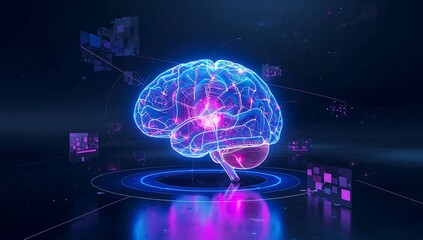 Glowing brain model surrounded by digital elements on a dark futuristic background with neon lighting