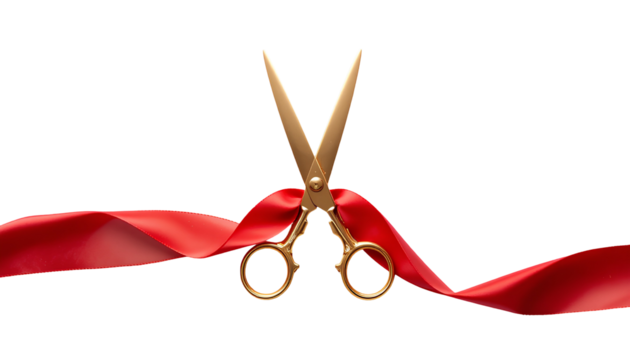 Gold Scissors Cutting Red Ribbon – Grand Opening Ceremony Decoration isolated on transparent background