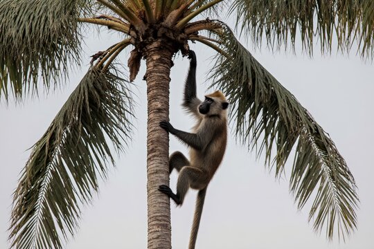 A chacma baboon (Papio ursinus) climbing a palm tree, Zimbabwe