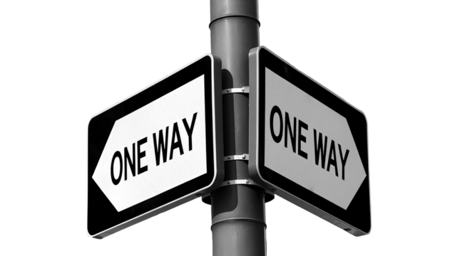 Intersecting One-Way Traffic Signs – Black and White Road Direction Indicators on Metal Pole isolated on transparent background