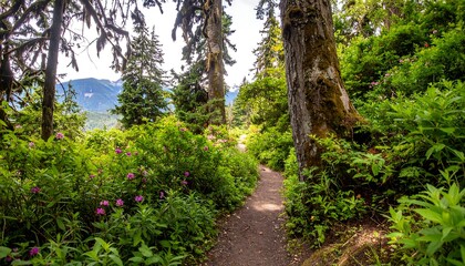 Fototapeta premium Lush forest path winding through vibrant greenery.