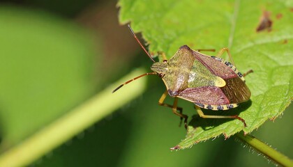 Close-up of a green and brown insect on a leaf.