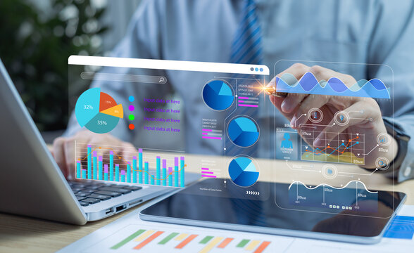 Analysts using AI-powered data analysis tools. Dashboard reports, KPI insights, operational charts, big data analytics, and automation technology for business intelligence.