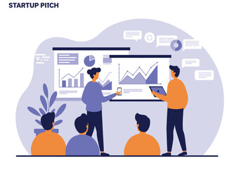 Creative startup builder and partner delivering a compelling business pitch, showcasing growth analytics and financial data on screens