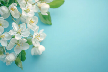 Fototapeta premium A beautiful cluster of white spring blossoms and green leaves gracefully arranged on a light blue background. 