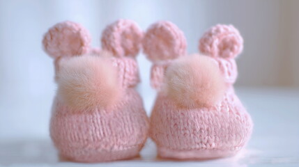Close-up of delicate pink booties for a baby girl.