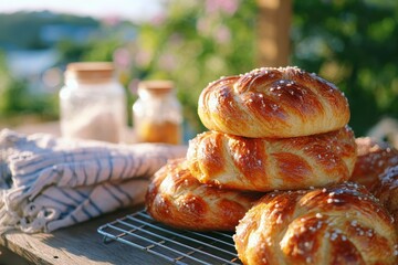 Freshly Baked Danish Pastry with a Glaze and Toppings Placed on a Wooden Table Surrounded by Ingredients and Natural Light in an Outdoor Setting