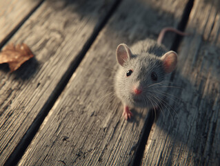 Cute gray mouse exploring wooden deck with autumn leaf in soft sunlight
