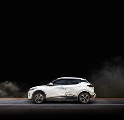 Car crash accident with traffic light – SUV collision caused by drowsy or distracted driving at night