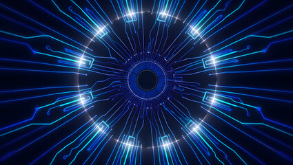 Abstract blue neon light tunnel with geometric patterns