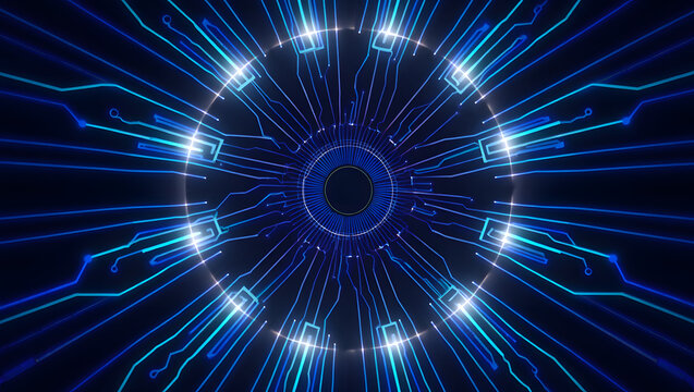 Abstract blue neon light tunnel with geometric patterns