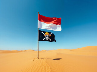 Indonesian Flag and Jolly Roger One Piece in Desert Landscape