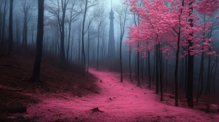 Naklejka premium A carpet of fallen cherry blossom petals covering the forest floor in soft pink layers