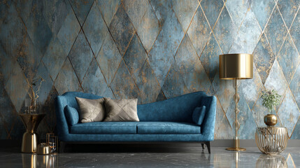 Decorative grey wallpaper with modern blue sofa and metallic floor lamp