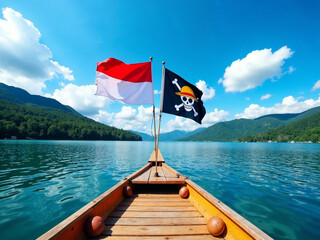  Indonesian Flag and Jolly Roger One Piece by a Lake