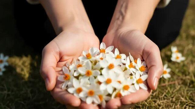 Close Up of Hands Holding Bunch of White and Orange Night Flowering Jasmine Parijat Flowers on Lush Green Grass on Bright Sunny Day
