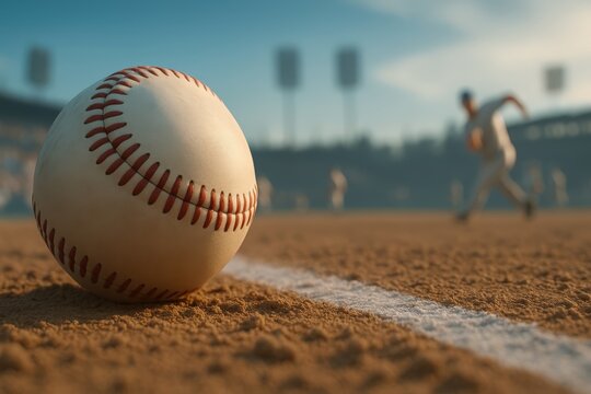 Baseball resting on sandy field with players practicing in the background