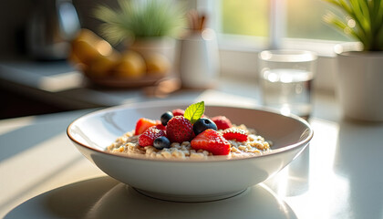 Nutritious oatmeal breakfast bowl topped with raspberries, blueberries, chia seeds, and nuts, served with water.