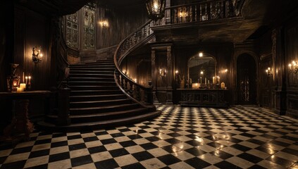 Dark, opulent grand hall with winding staircase.  Intricate wooden details, checkered floor, and numerous candles.  Mysterious ambiance