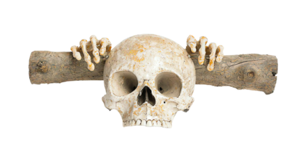 A detailed human skull with bony hands gripping a rustic wooden beam, against a white background.