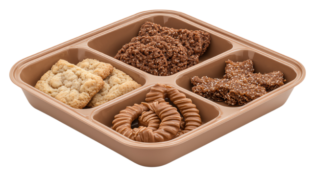 A delightful assortment of cookies presented in a divided tray, showcasing various shapes and textures.