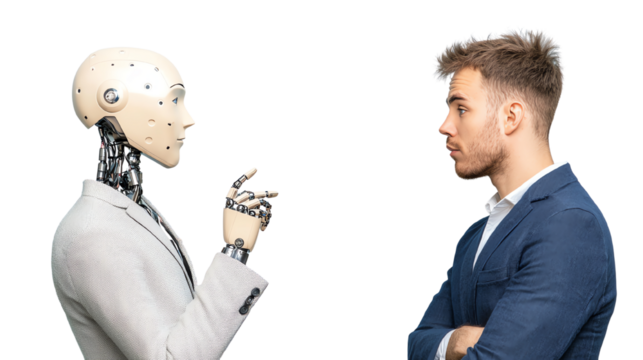 A humanoid robot interacting with a human man in a professional setting, showcasing advanced robotics and AI technology.
