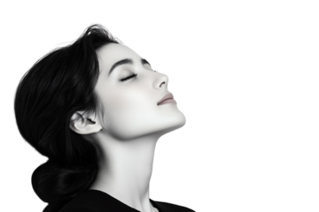 A serene portrait of a woman with closed eyes, expressing tranquility and inner peace against a white isolated background.