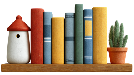 Colorful bookshelf with decorative items including a house and a cactus on a wooden shelf.