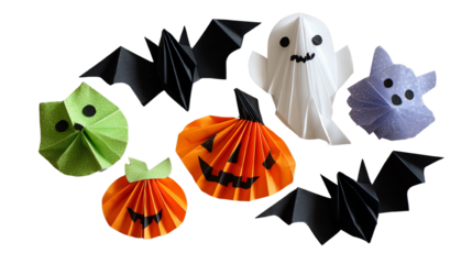 Colorful Halloween decorations made of paper, including ghosts and pumpkins, on a white isolated background.
