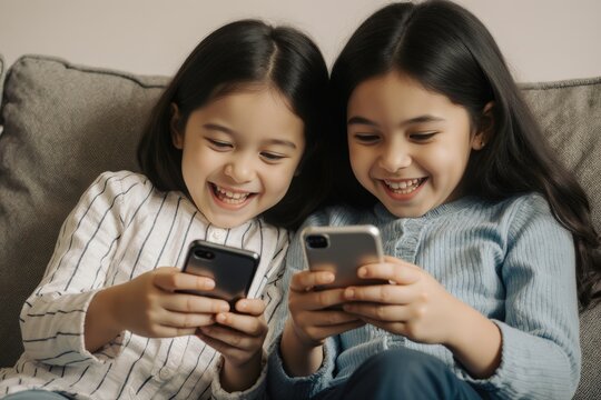 Sibling having fun while watching smart phones separately on sofa